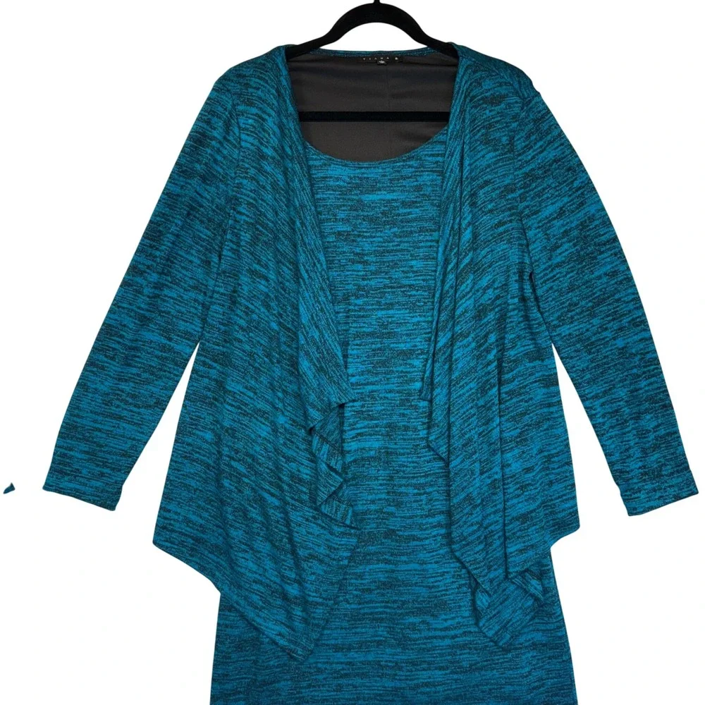 TIANA B. Women's Teal‎ Black Marled Knit Dress Waterfall Cardigan Set Size 10